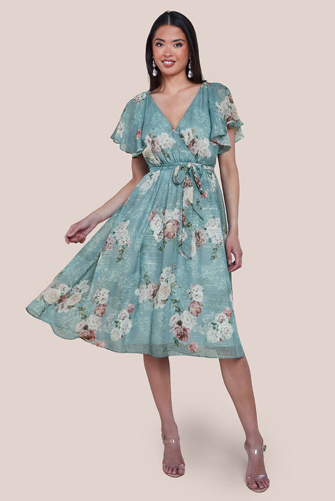 Goddiva Printed Lurex A-Line Flutter Sleeve Midi Dress - Airforce Blue