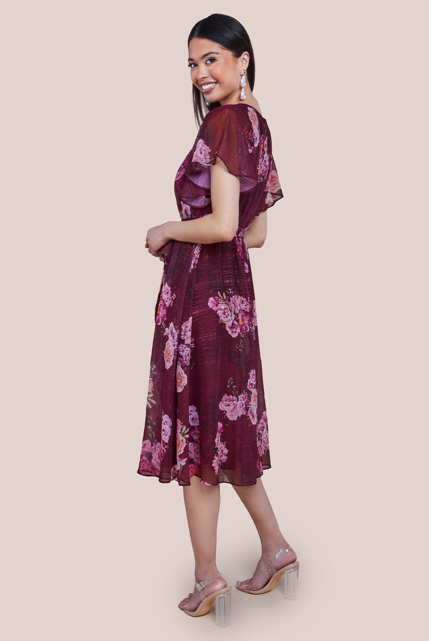 Goddiva Printed Lurex A-Line Flutter Sleeve Midi Dress - Berry