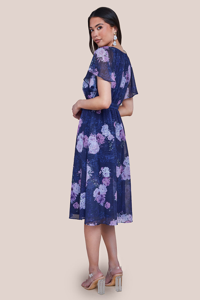 Goddiva Printed Lurex A-Line Flutter Sleeve Midi Dress - Navy