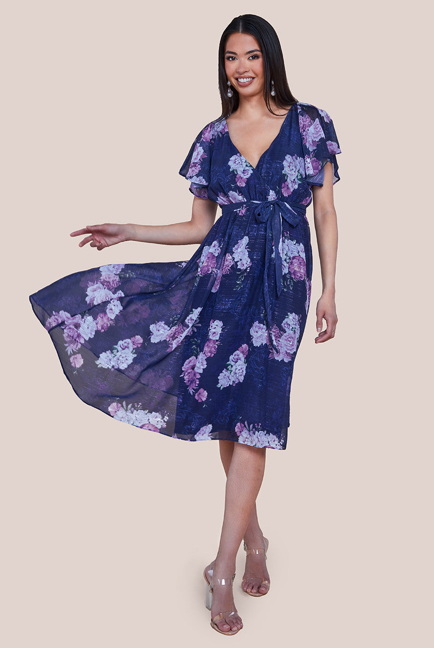 Goddiva Printed Lurex A-Line Flutter Sleeve Midi Dress - Navy