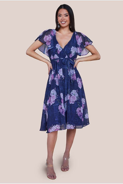 Navy - Goddiva Printed Lurex A-Line Flutter Sleeve Midi Dress - Navy