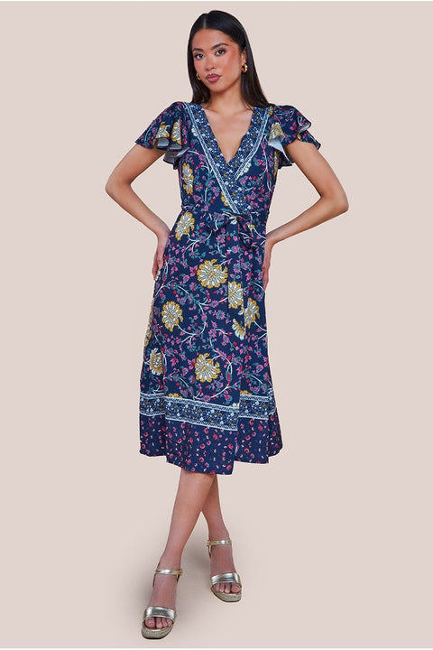 Goddiva Floral Print Wrap Midi With Flutter Sleeves - Navy Print