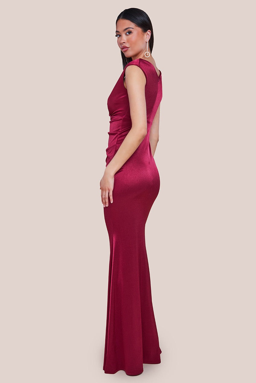 Goddiva Satin Off The Shoulder Maxi Dress - Wine