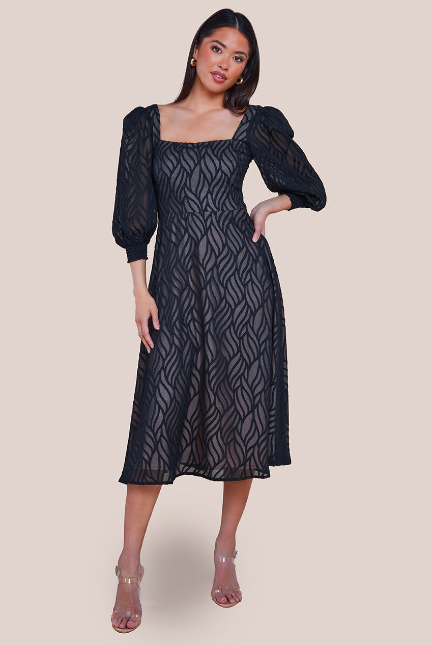 Goddiva Puff Sleeve Side Slit Flared Jacquard Chiffon Midi Dress - Black