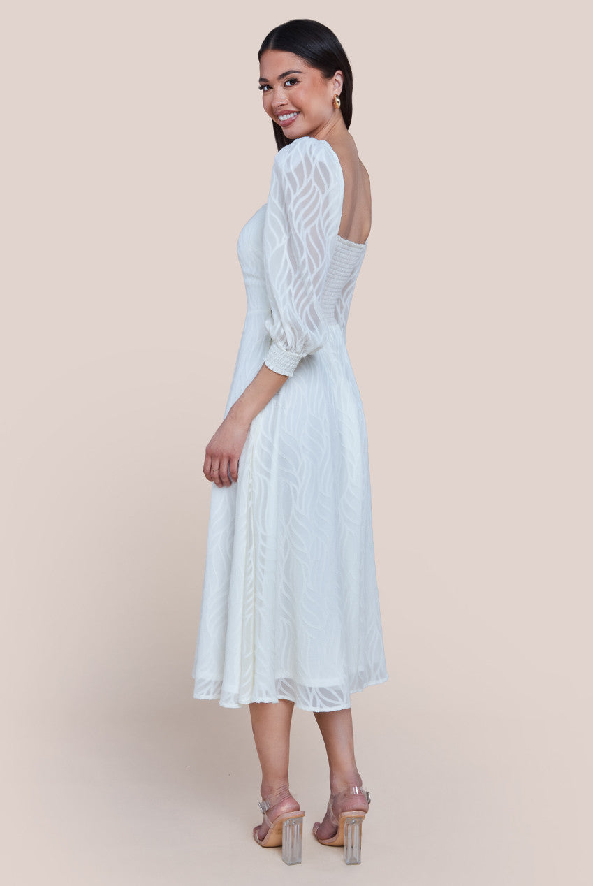 Goddiva Puff Sleeve Side Slit Flared Jacquard Chiffon Midi Dress - Cream