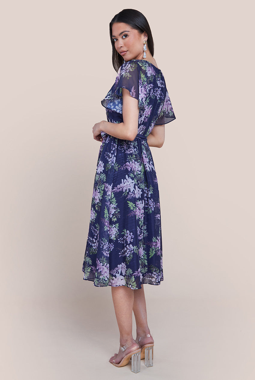 Goddiva Printed Lurex A-Line Flutter Sleeve Midi Dress - Navy Blue