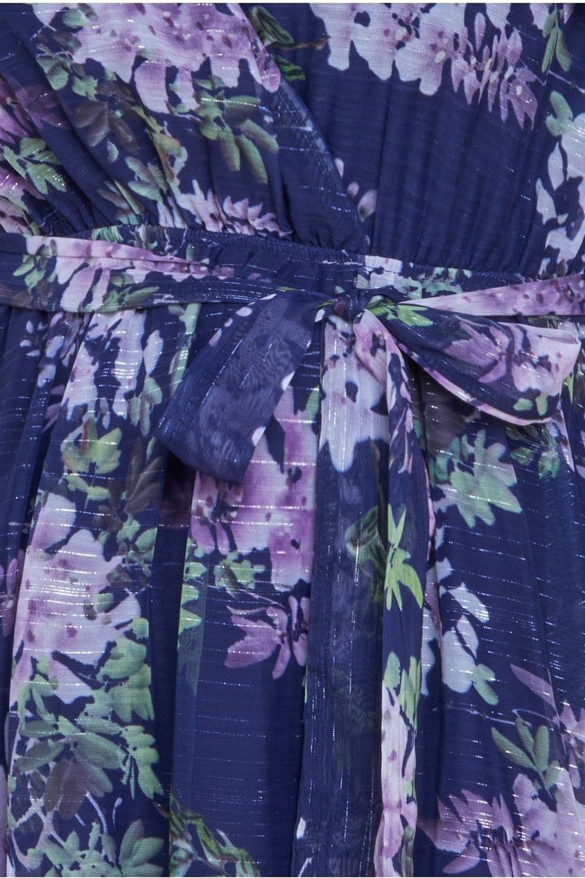 Goddiva Printed Lurex A-Line Flutter Sleeve Midi Dress - Navy Blue