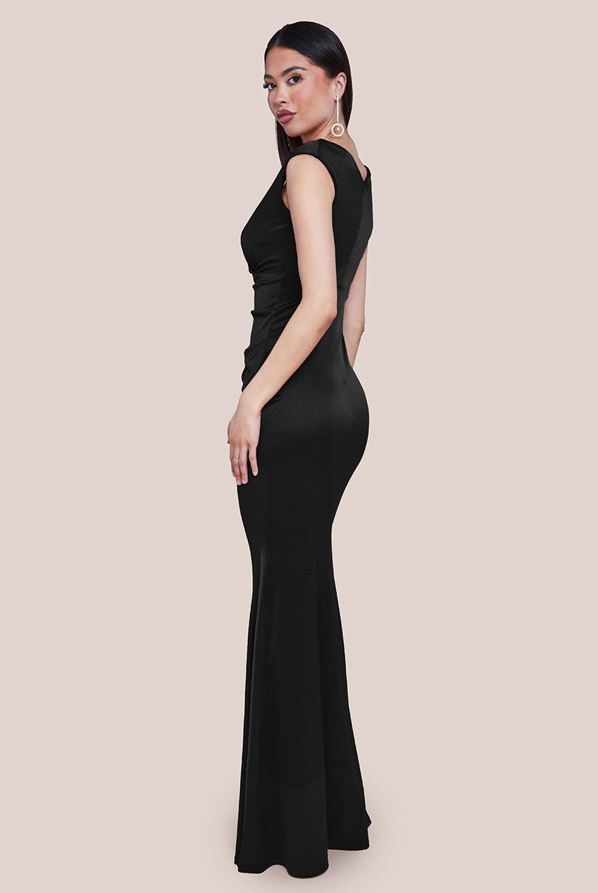 Goddiva Satin Off The Shoulder Maxi Dress - Black