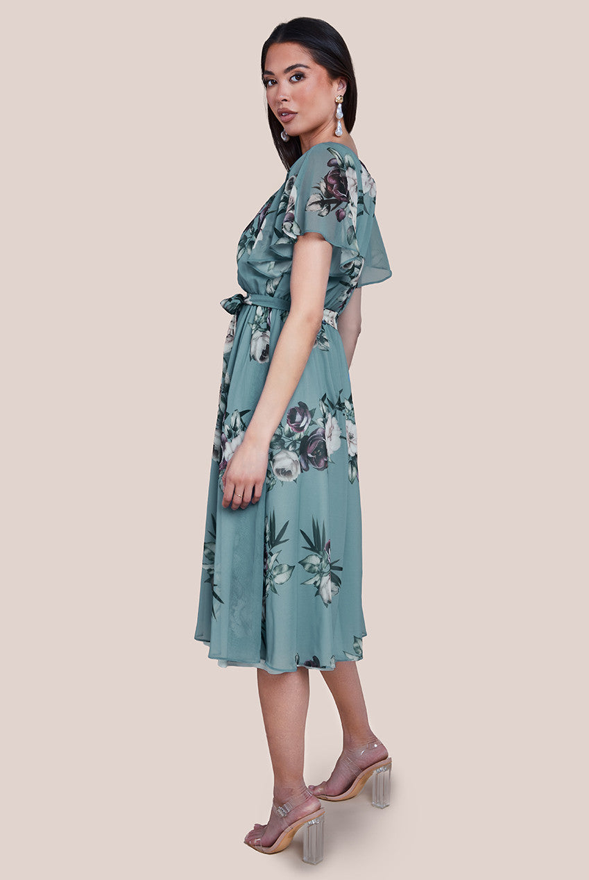 Goddiva Floral Printed Flutter Sleeve Chiffon Midi Dress - Airforce Blue