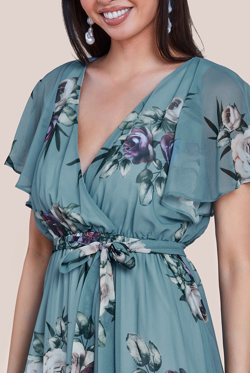 Goddiva Floral Printed Flutter Sleeve Chiffon Midi Dress - Airforce Blue