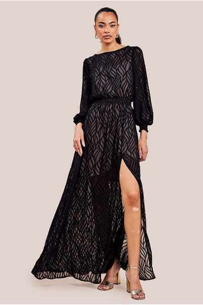 Black - Goddiva Chiffon Geo-Wave Front Split Maxi Dress - Black