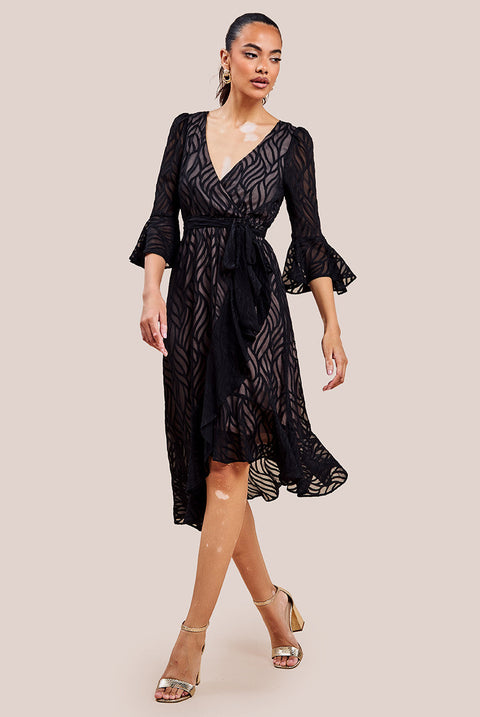 Goddiva Chiffon Geo-Wave Front Frill Wrap Midi Dress - Black