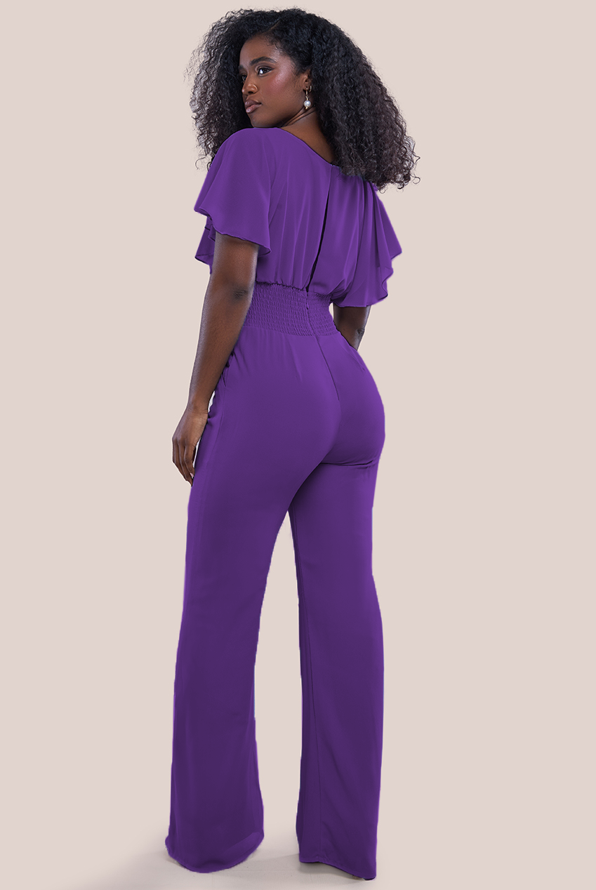 Goddiva Chiffon Romper With Flutter Sleeves - Purple