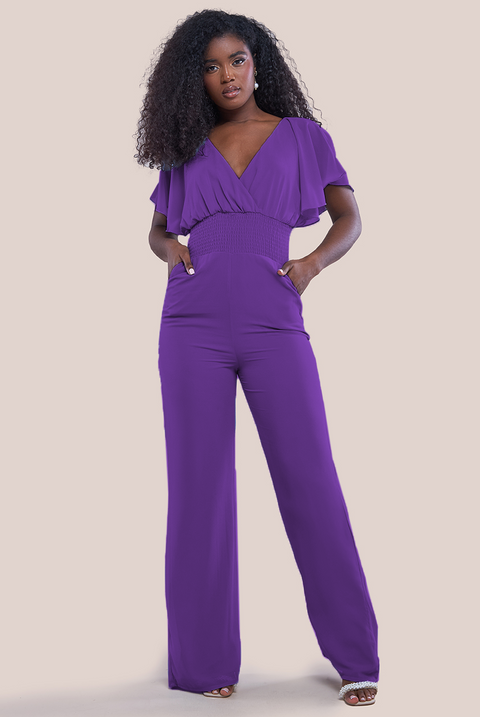 Goddiva Chiffon Romper With Flutter Sleeves - Purple