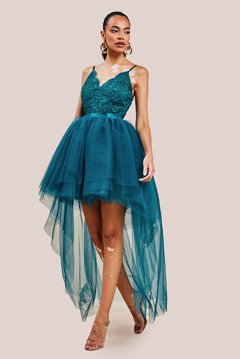 Goddiva High Low Tulle Mini With Lace Bodice - Emerald