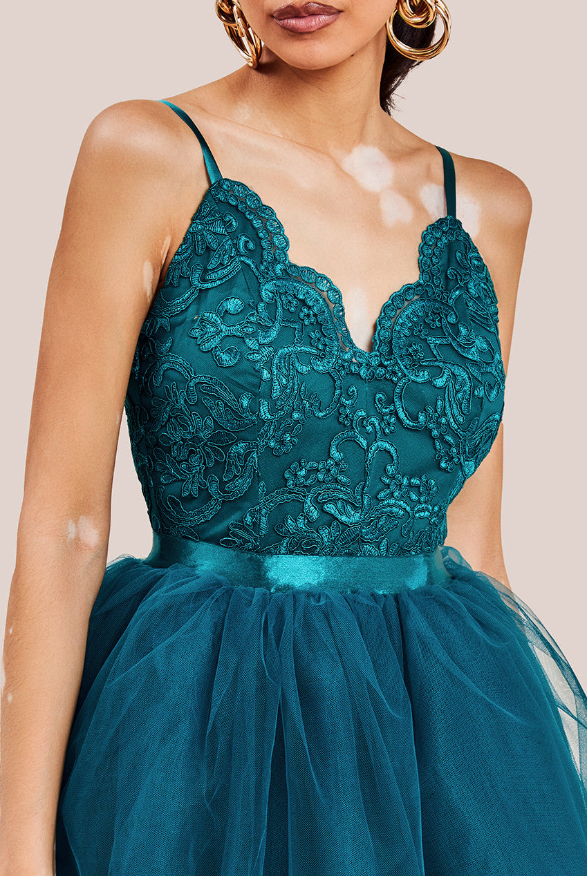 Goddiva High Low Tulle Mini With Lace Bodice - Emerald