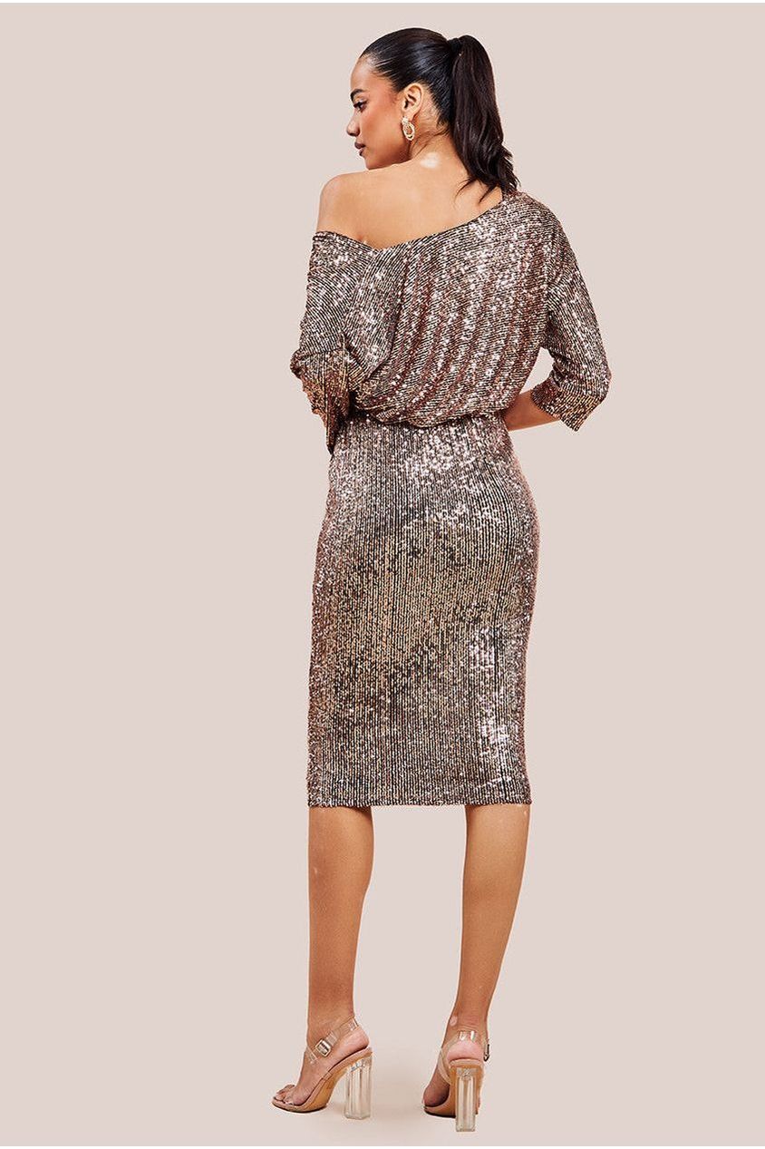 Goddiva Sequin Cowl Neck Midi Dress - Champagne
