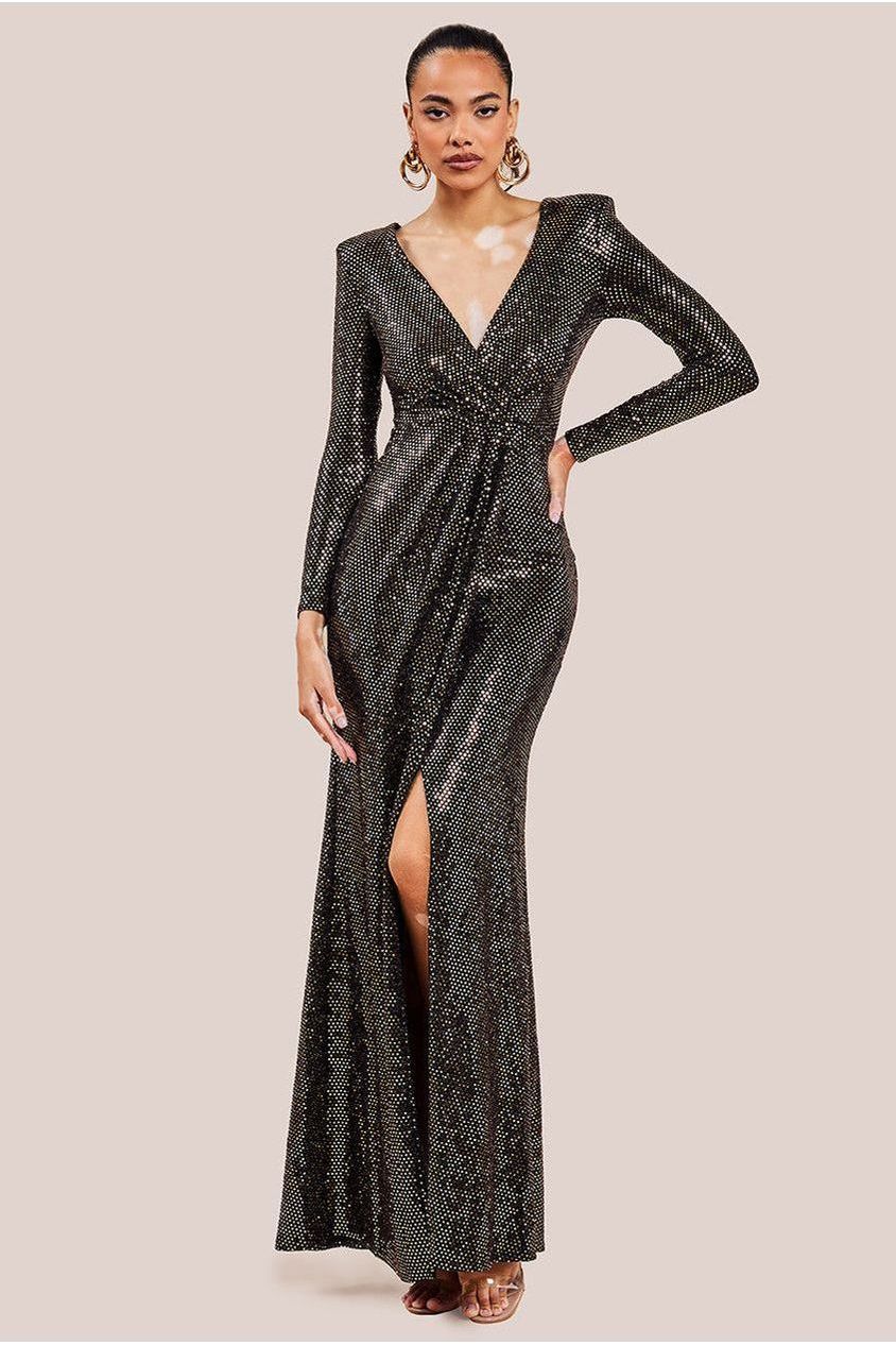 Goddiva Wrap Style Front Split Metallic Maxi Dress - Gold