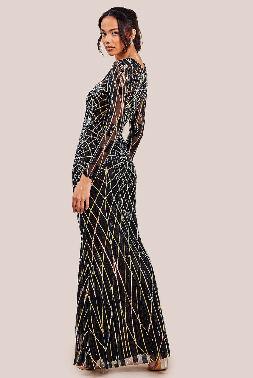 Goddiva Geo Sequin Long Sleeve Maxi Dress - Black