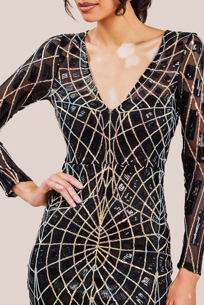 Goddiva Geo Sequin Long Sleeve Maxi Dress - Black