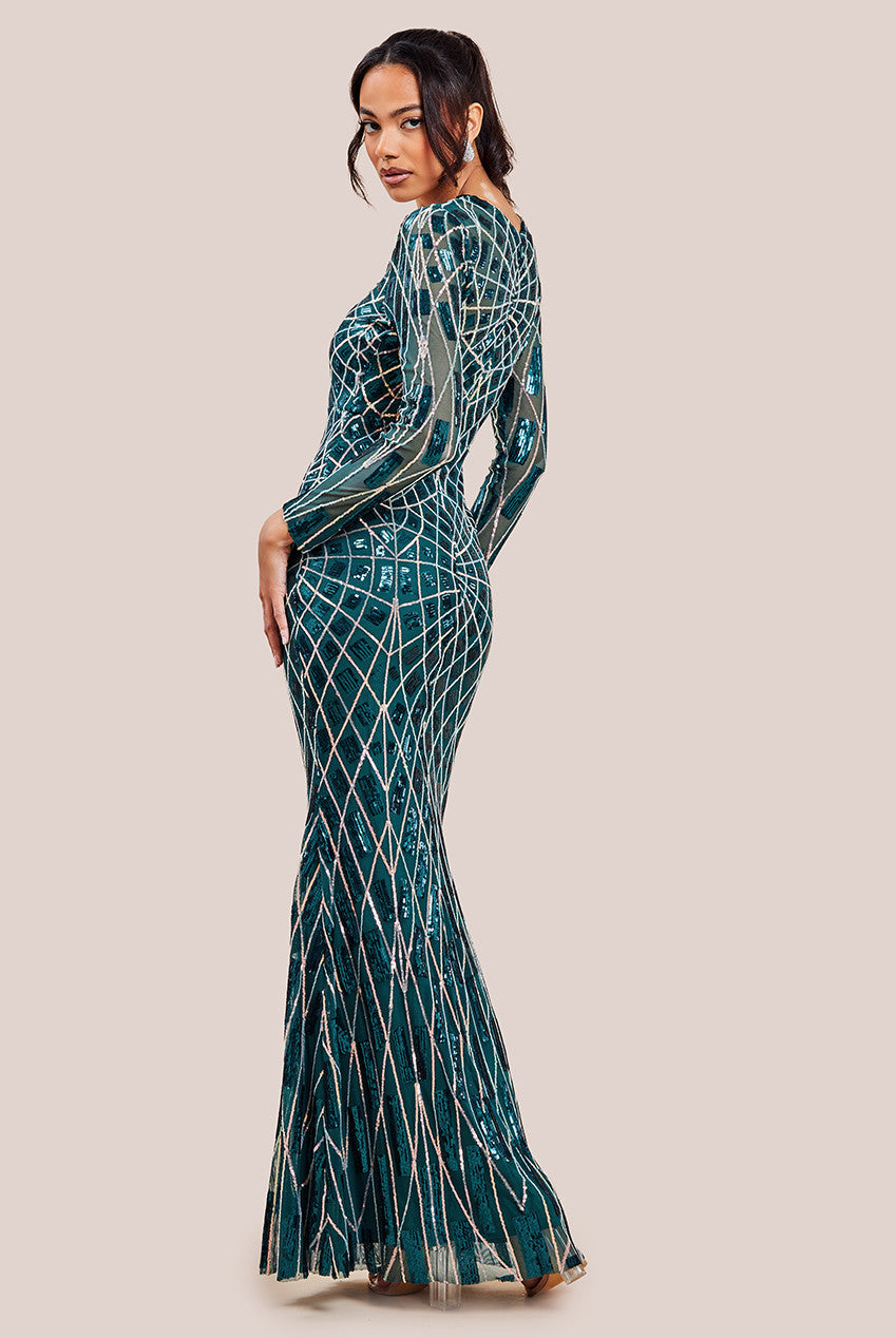 Goddiva Geo Sequin Long Sleeve Maxi Dress - Emerald