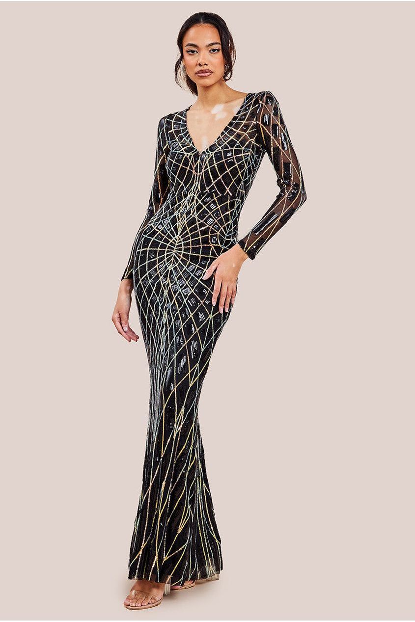 Goddiva Geo Sequin Long Sleeve Maxi Dress - Black