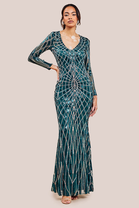 Goddiva Geo Sequin Long Sleeve Maxi Dress - Emerald