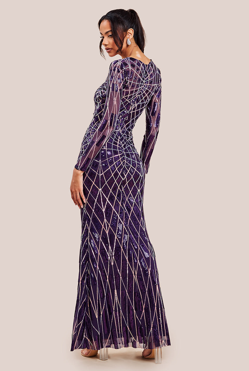 Goddiva Geo Sequin Long Sleeve Maxi Dress - Purple