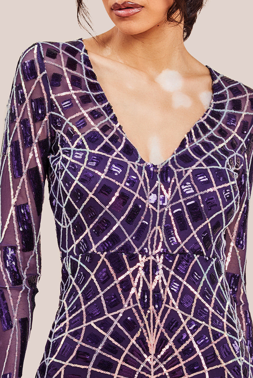 Goddiva Geo Sequin Long Sleeve Maxi Dress - Purple