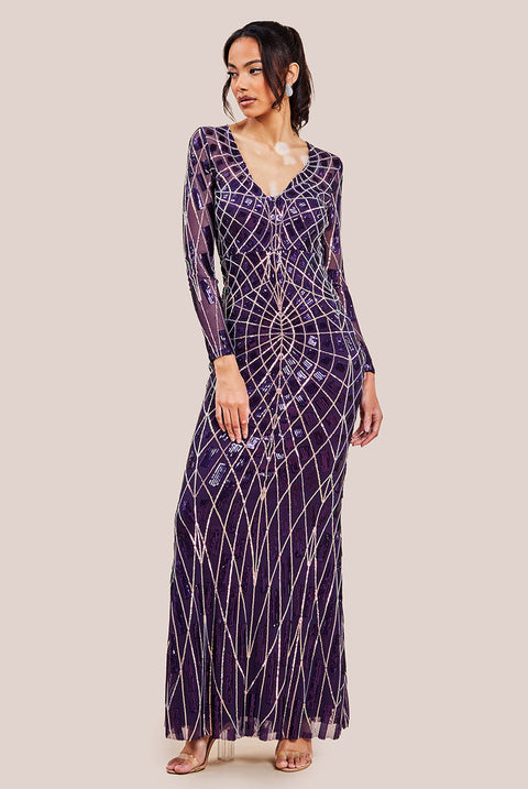 Goddiva Geo Sequin Long Sleeve Maxi Dress - Purple