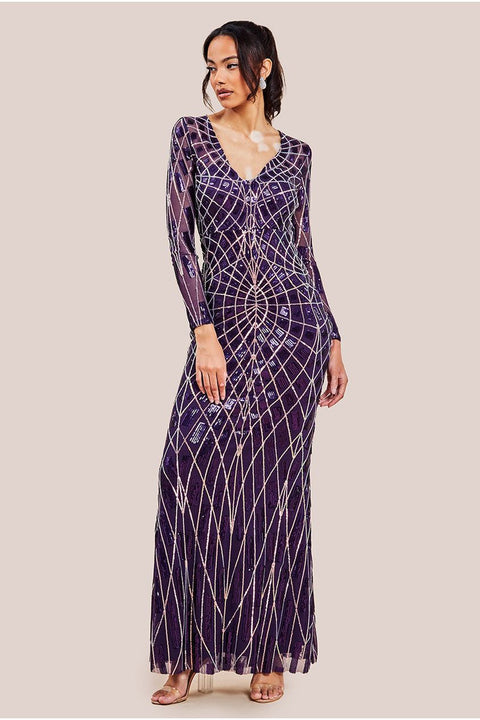 Goddiva Geo Sequin Long Sleeve Maxi Dress - Purple