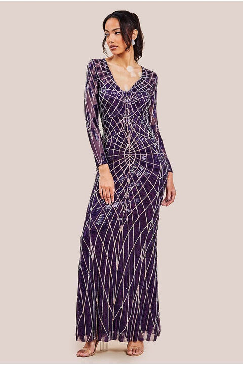 Goddiva Geo Sequin Long Sleeve Maxi Dress - Purple