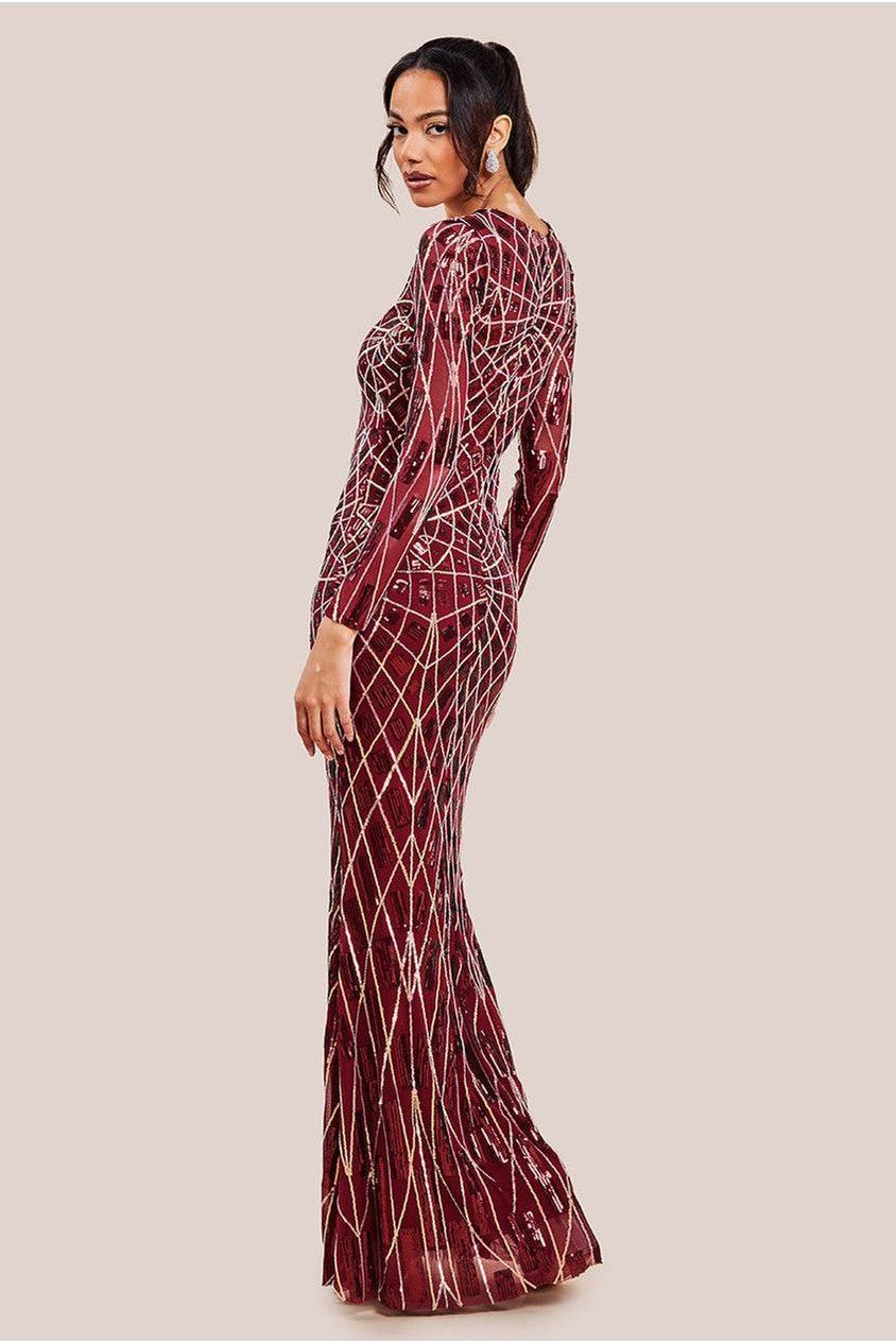 Goddiva Geo Sequin Long Sleeve Maxi Dress - Wine