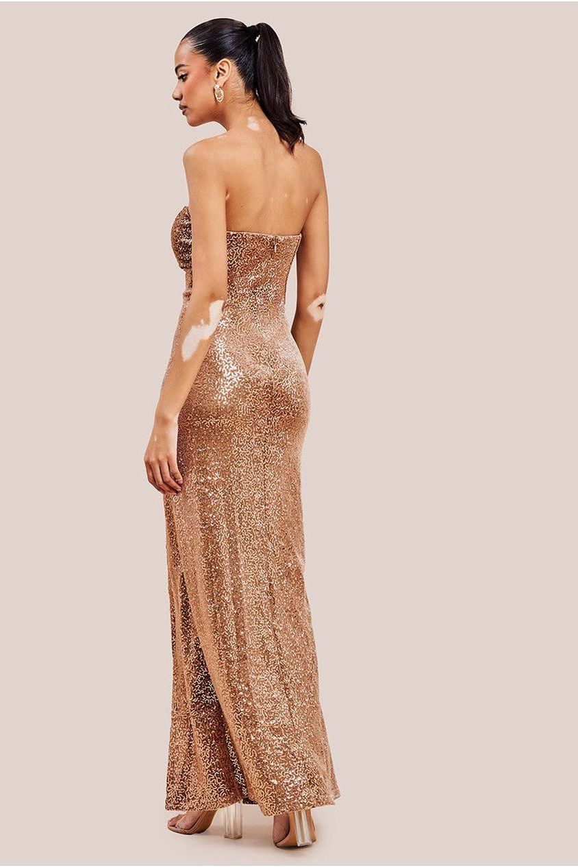 Goddiva Sequin Velvet Bandeau Maxi Dress - Champagne
