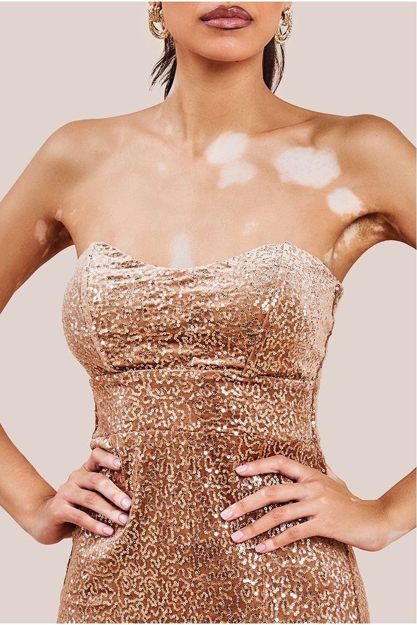 Goddiva Sequin Velvet Bandeau Maxi Dress - Champagne