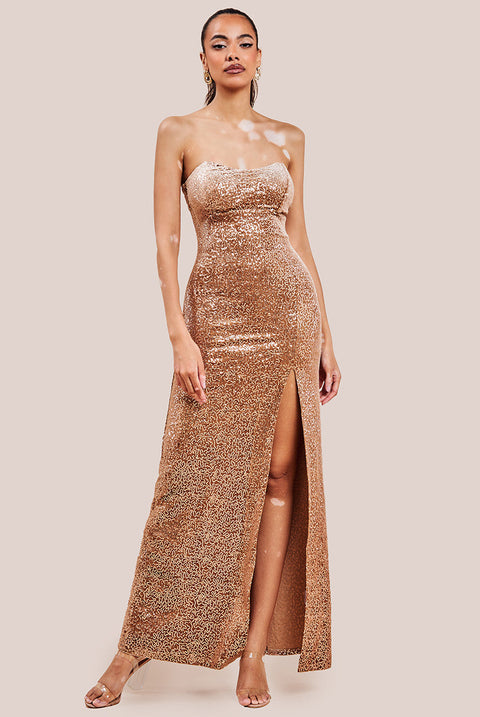 Goddiva Sequin Velvet Bandeau Maxi Dress - Champagne