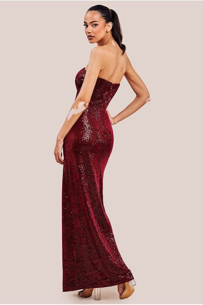 Goddiva Sequin Velvet Bandeau Maxi Dress - Wine