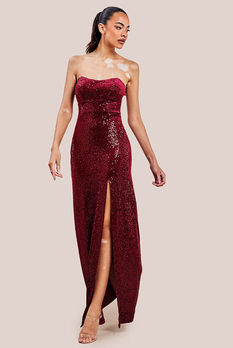 Goddiva Sequin Velvet Bandeau Maxi Dress - Wine