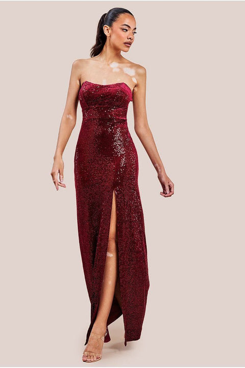 Goddiva Sequin Velvet Bandeau Maxi Dress - Wine