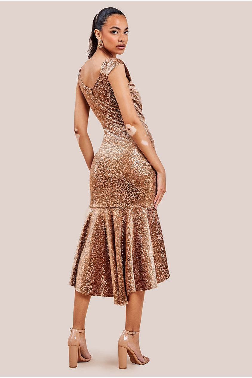 Goddiva Sequin & Velvet Bardot High Low Midaxi Dress - Champagne