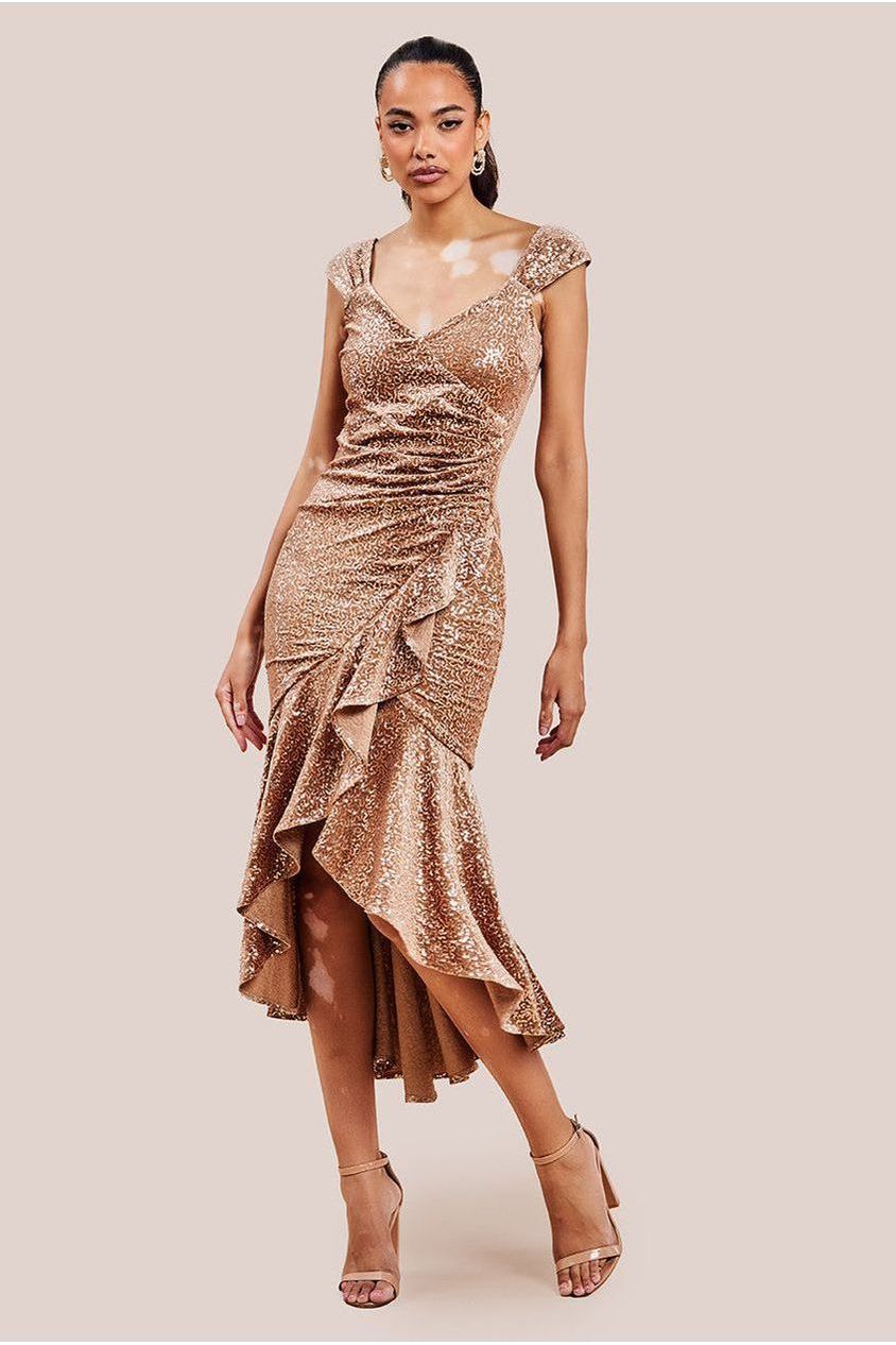 Goddiva Sequin & Velvet Bardot High Low Midaxi Dress - Champagne