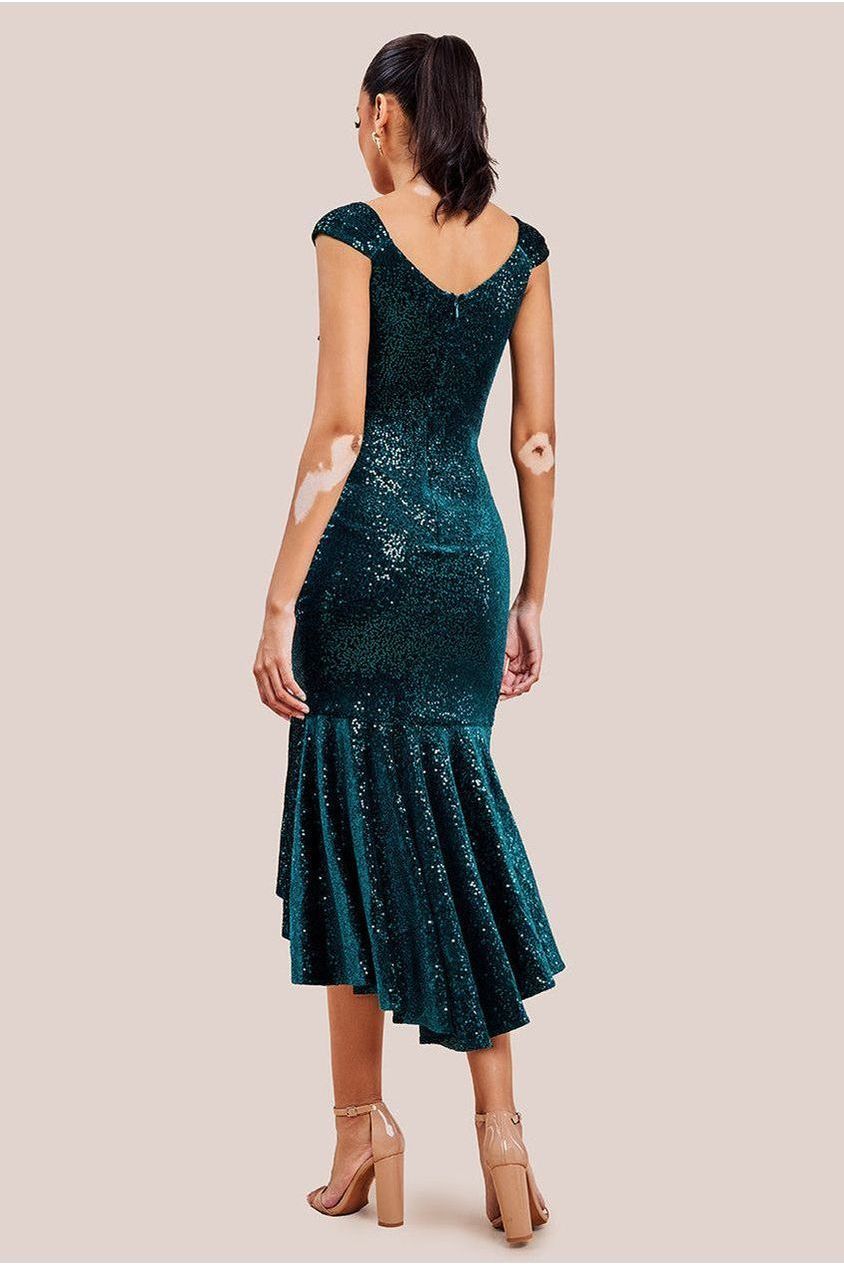 Goddiva Sequin & Velvet Bardot High Low Midaxi Dress - Emerald Green
