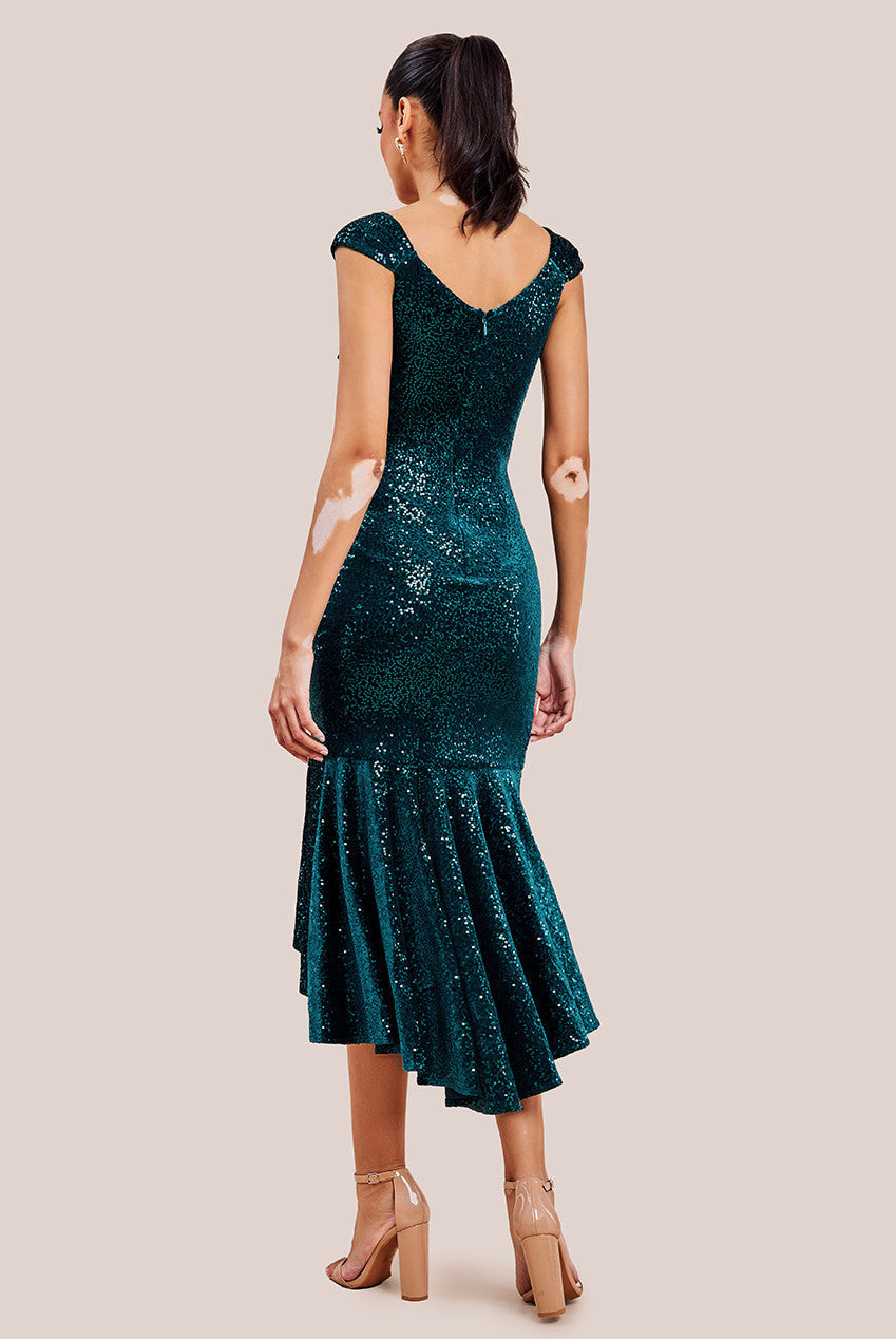 Goddiva Sequin & Velvet Bardot High Low Midaxi Dress - Emerald Green