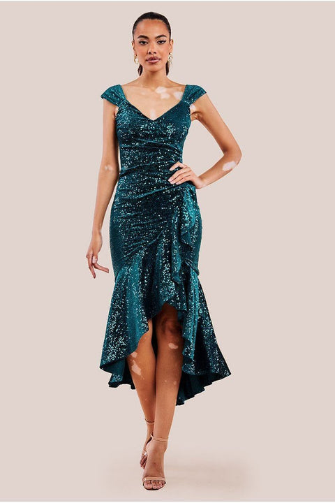 Goddiva Sequin & Velvet Bardot High Low Midaxi Dress - Emerald Green
