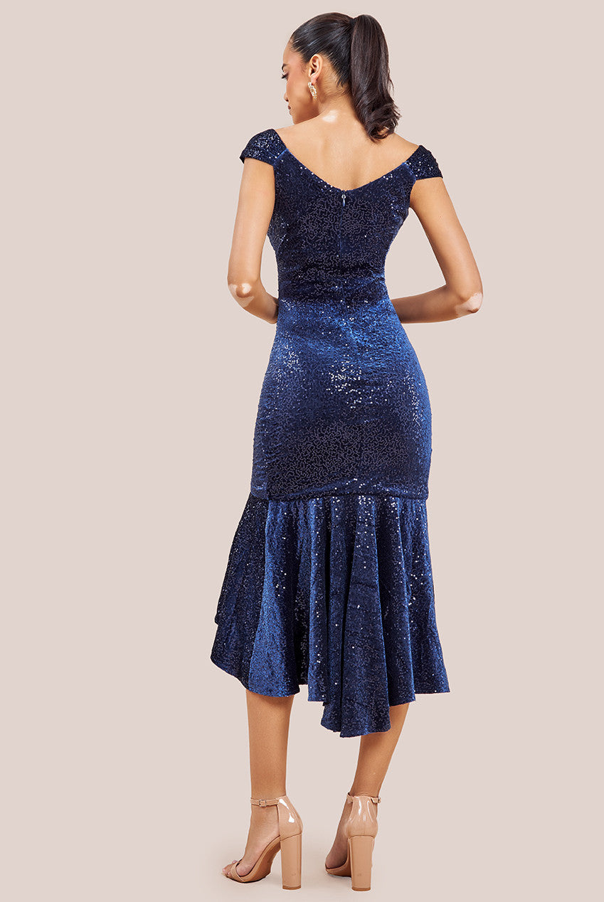 Goddiva Sequin & Velvet Bardot High Low Midaxi Dress - Navy