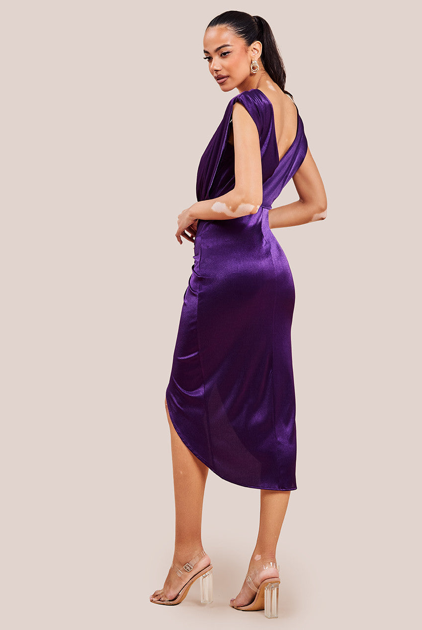 Goddiva Satin Wrap Knotted Midi Dress - Purple