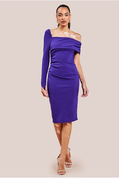 Purple - Goddiva One Shoulder Scuba Midi Dress - Purple
