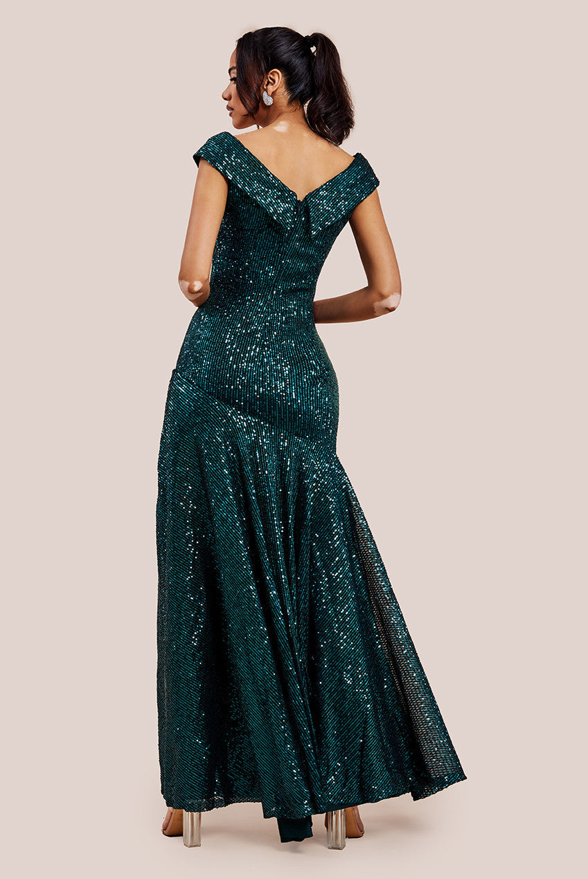 Goddiva Bardot Sequin Pleated Maxi Dress - Emerald Green