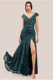 Goddiva Bardot Sequin Pleated Maxi Dress - Emerald Green