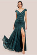 Goddiva Bardot Sequin Pleated Maxi Dress - Emerald Green